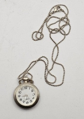 Silver Tone Quartz Pocket Watch with Ball Chain Necklace - New Battery