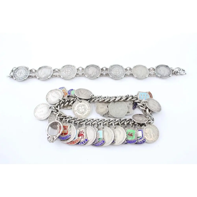 Silver Charm Bracelets – Mixed Grade, George V Silver Mount x2 (81 g)