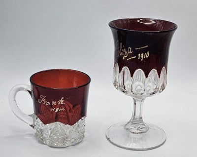 Antique Ruby Red Flash Glass Souvenir Set Mug Goblet Frank 1914 Eliza 1910 EAPG
