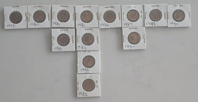 Lot of 13 Vintage Australian 1 Cent Coins (1975-1990) - Various Date