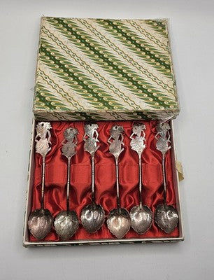 Vintage Indonesian Wayang Figural Spoons Set of 6 in Batik Box