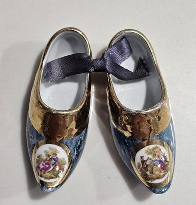 Vintage Limoges France Porcelain Miniature Clog Shoes - Blue & Gold Gilt - Court