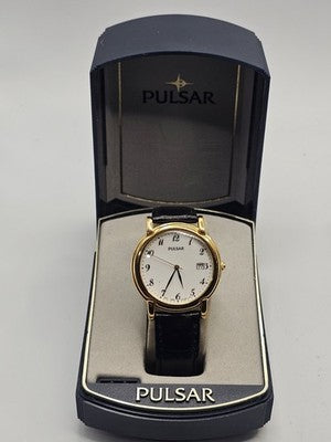 PULSAR Gold Tone Men's Quartz Watch V732-0M80 with Black Leather Strap & Box