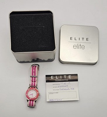 Elite 5239007 Pink Stripe Watch with Tin Box in Working Condition