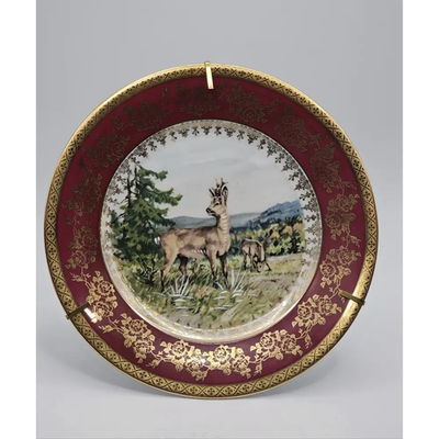 Limoges Collector Plate Roe Deer / Chamois Gold Gilt Burgundy Rim (8 in)