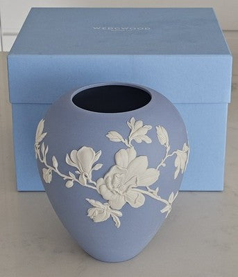 Wedgwood Magnolia Blossom Blue Jasperware Bud Vase 18cm 7" New in Box RRP $539