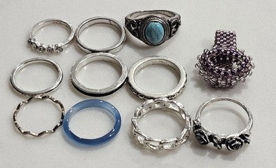 11 Piece Bohemian Style Ring Set - Silver Tone, Turquoise & Beaded Accents