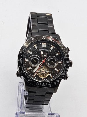 FORSINING Men's Automatic Watch Black Tone Open Heart Multi-Function Display Box