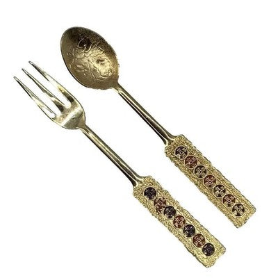 14ct Gold Filled Teaspoon & Fork Set with Enameled Chinese Character Design
