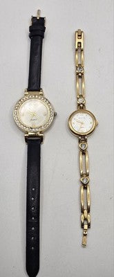 Lot of 2 Ladies Quartz Watches Gold Tone Crystal Bezel Elite Heart Bracelet