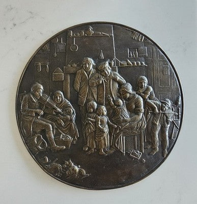 Antique Peerage Style Relief Brass Plate Wall Hanging Tavern Scene Decor 48cm