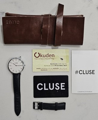CLUSE Boho Chic Silver White Dial Black Leather Watch with Leather Pouch Work