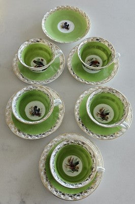 Set of 5 Vintage Royal Green & Gold Porcelain Teacups and Saucers with Bird Moti