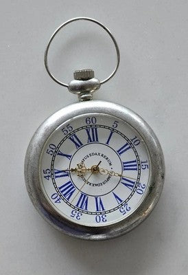 Silver Tone Pocket Watch White Face Blue Roman Numerals Tempus Edax Rerum