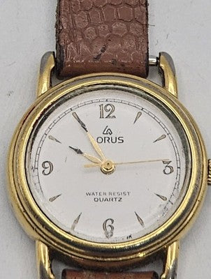 Vintage Lorus Quartz Women's Watch, Gold Tone with Brown Leather Band Work