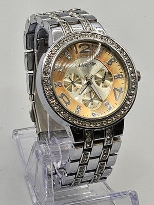 GENEVA Women's Silver Tone Watch Orange Dial Crystal Rhineston Working Condition