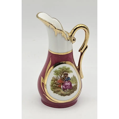 Limoges DC France Miniature Burgundy & Gold Gilt Creamer Pitcher (22k Gold,10cm)