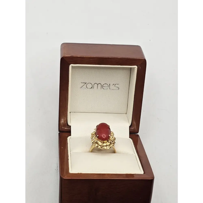 14K Vintage Yellow Gold Red Coral Cabochon Cocktail Ring – 7.53g