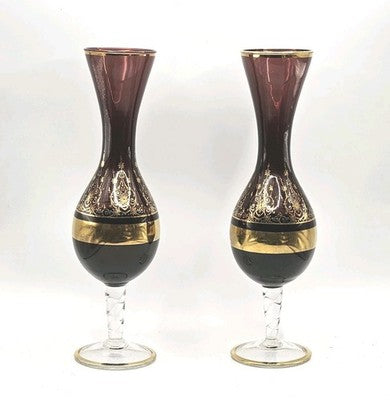 Pair of Vintage Murano Art Glass Rummers Vases Gold Enamel Overlay Ruby Red 25cm