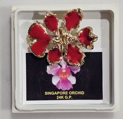 Han Chang Singapore Orchid 24K Gold Plated Brooch Pin Red Enamel Souvenir Boxed