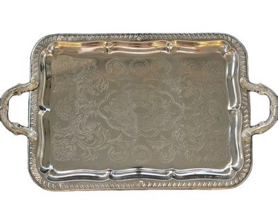 Large Antique Style Gallery Tray Chased Floral Pattern Scalloped Edg with Handle