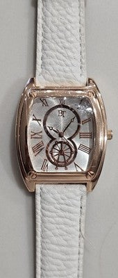 BT FK-218 Ladies Quartz Watch Rose Gold Tone Tonneau Case White Leather Strap