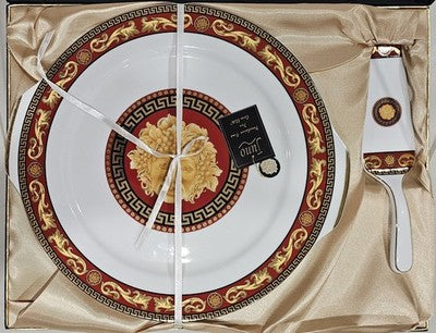 The Milano Collection Fine Porcelain Cake Plate and Server Set with Greek Key De