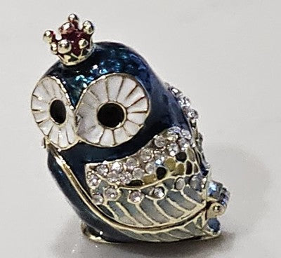 Vintage Enamel Owl Trinket Box Jewelry Hinged Pill Case with Crystals & Crown