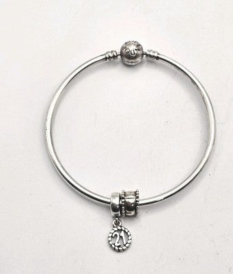 Genuine Authentic PANDORA Silver Bangle Bracelet with 21st Birthday Charm