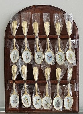 Set of 12 Vintage Gold Tone Bird Souvenir Spoons with Wooden Display Rack