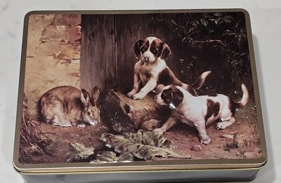 Vintage Decorative Tin Box - Puppies and Rabbit Nature Scene - 26 x 21 x 6 cm