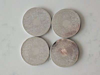 WILSON STRACHAN AUST Set 4 Reversible Coasters Silver Tone Ornate Green Rubber