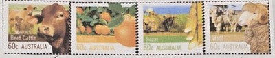 Australian Stamp Strip - 4 X60c Beef Cattle, Oranges, Sugar, Wool Used Stamps