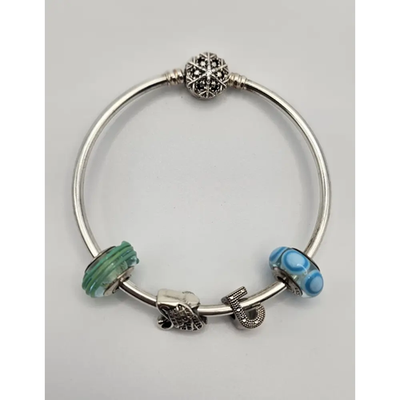 Pandora Sterling Silver Bangle with Snowflake Clasp & Glass Charms (24g)