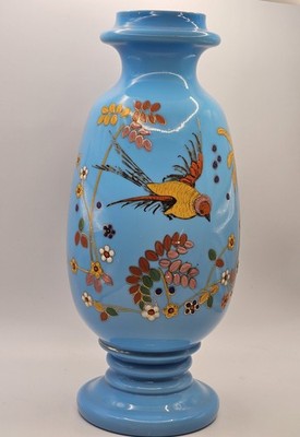 Antique BLUE OPALINE GLASS VASE HAND PAINTED BIRD FLORAL Decoration 1880 - 40cm