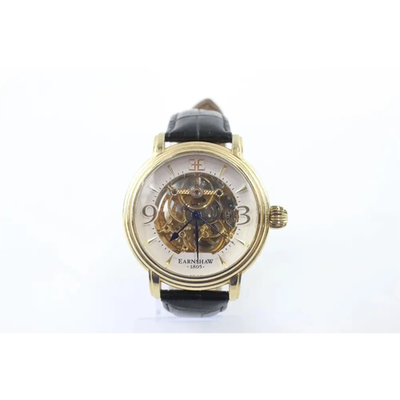 Gold wristwatch with black strap on a white background from our Pre-Owned & Secondhand Watches collection 