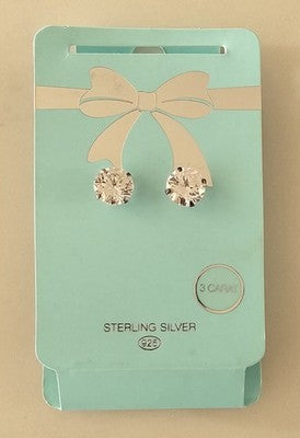 925 Sterling Silver 3 Carat Cubic Zirconia Stud Earrings New on Card
