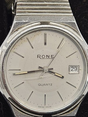 Rone Quartz Swiss Made Silver Tone Men's Dress Watch. Boxed  Working Need Batter