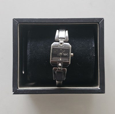 Next Ladies Black & Silver Tone Bracelet Watch with Rhinestones -Working - Boxed