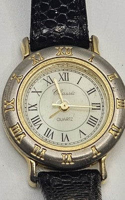 CLASSIC Two-Tone Ladies QUARTZ Watch Roman Numerals Black Lizard Print Leather S