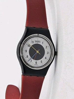 SWATCH VINTAGE GENT S.542 Black Bullseye Dial Red Band EBAUCHES SA Swiss Made