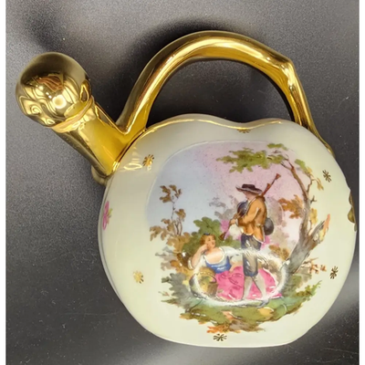 Vintage French Limoges Porcelain Carafe Pitcher, Apple, Romantic Courting Scene