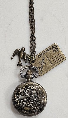 Vintage Bronze Floral Pocket Watch Necklace - Bird & "I Love You" Postcard Charm