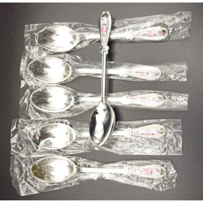 Stainless Steel Tea Spoon Set with Pink Flower Porcelain Inlay - Japan 6pc