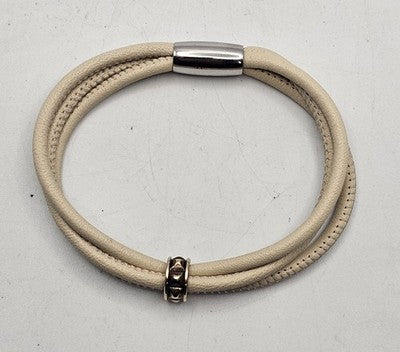 Women's Beige Leather Multi-Layer Wrap Bracelet Magnetic Clasp Silver Tone