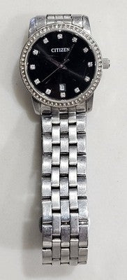 Citizen G011-S102033 Quartz Ladies Watch Black Dial Crystal Markers Date Silver