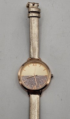 Rose Gold Women’s Fashion Watch – Half Glitter Face, Leather Band– Fresh Battery
