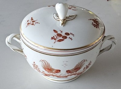 Richard Ginori Italy Rooster Red Orange Floral Lidded Sugar Bowl / Casserole Dis