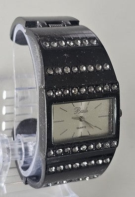 Women's Bade BDL-176 Quartz Watch Black Cuff Bracelet Crystal Accents Silver Dia