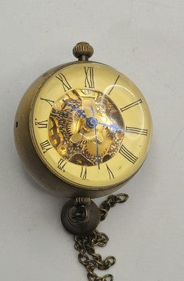 Antique Brass Tone Skeleton Sphere Clock Roman Numerals Clear Globe Watch